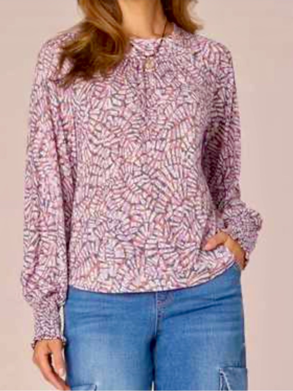 Democracy Long Sleeve Smocked Cuff Blouse with Metallic mosaic Print Size Small